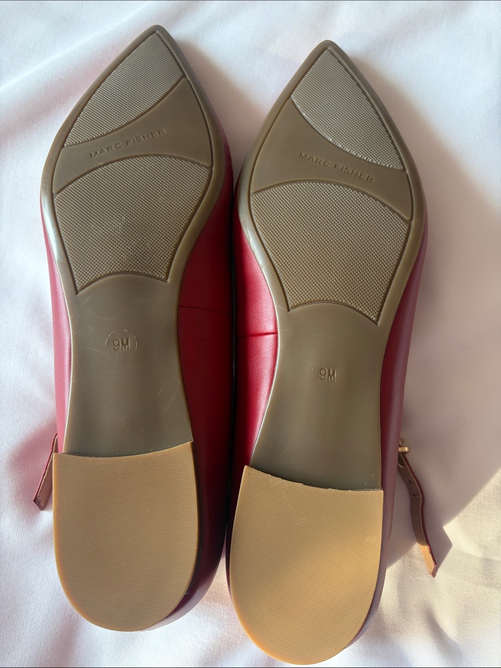 Marc Fisher Red Pointed Leather Flats with Gold Studded Ankle Straps - Picture 3 of 6